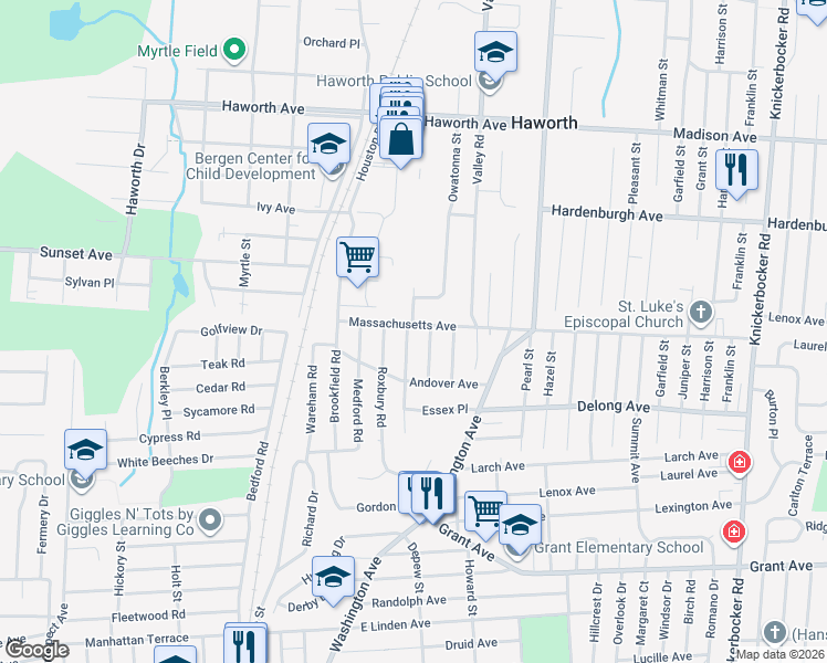 map of restaurants, bars, coffee shops, grocery stores, and more near 129 Stratford Road in Dumont
