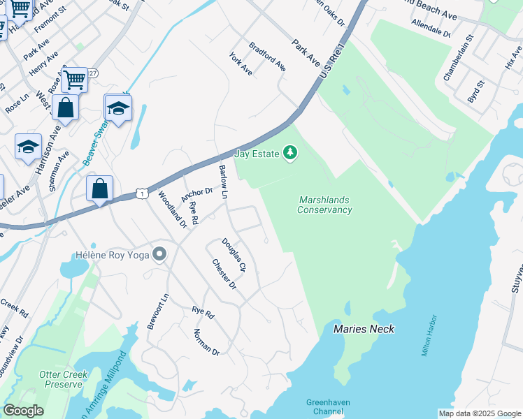 map of restaurants, bars, coffee shops, grocery stores, and more near 11 John Jay Place in Rye