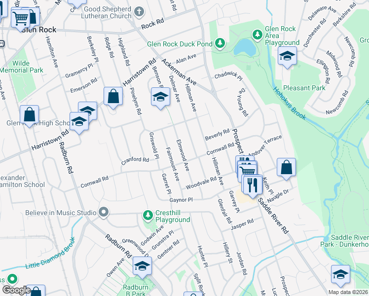 map of restaurants, bars, coffee shops, grocery stores, and more near 175 Elmwood Avenue in Glen Rock