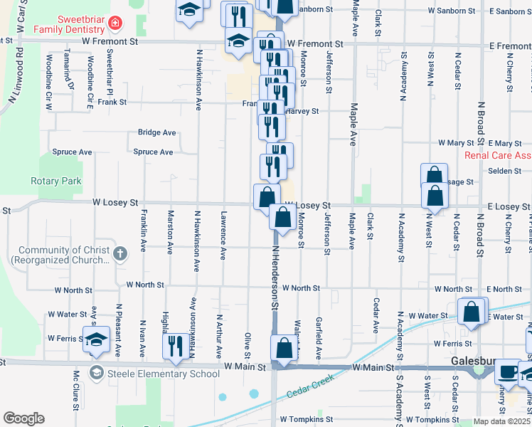 map of restaurants, bars, coffee shops, grocery stores, and more near 598 North Henderson Street in Galesburg