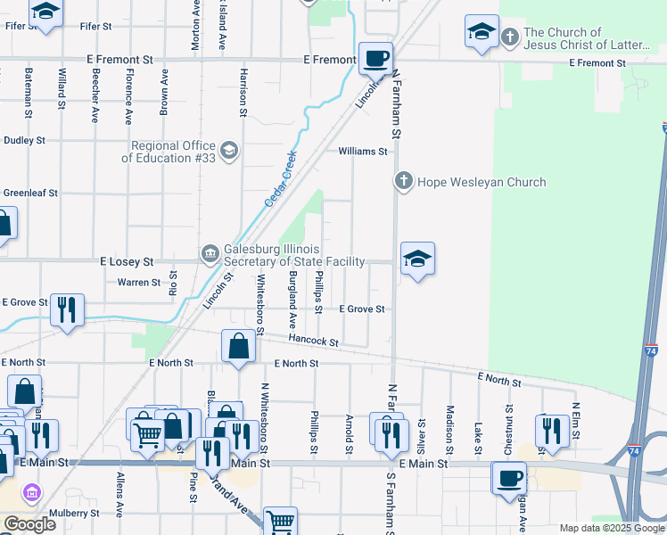 map of restaurants, bars, coffee shops, grocery stores, and more near 1440 East Losey Street in Galesburg