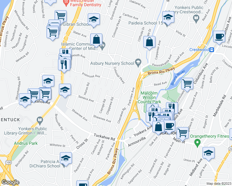 map of restaurants, bars, coffee shops, grocery stores, and more near 118 Chippewa Road in Yonkers