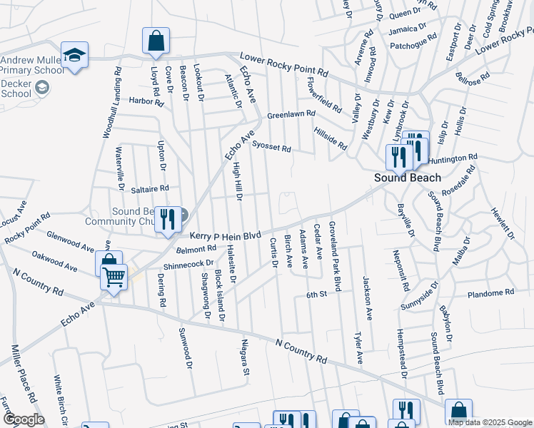 map of restaurants, bars, coffee shops, grocery stores, and more near 86 Curtis Drive in Sound Beach