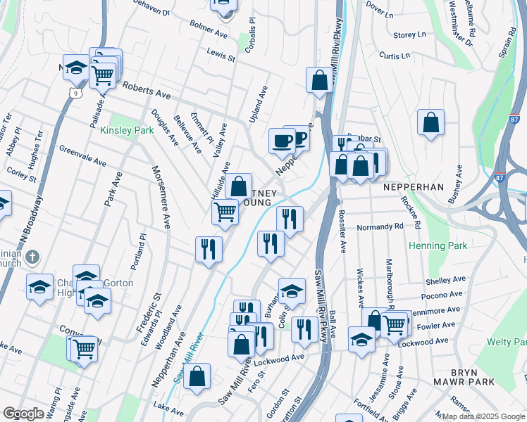 map of restaurants, bars, coffee shops, grocery stores, and more near 876 Nepperhan Avenue in Yonkers