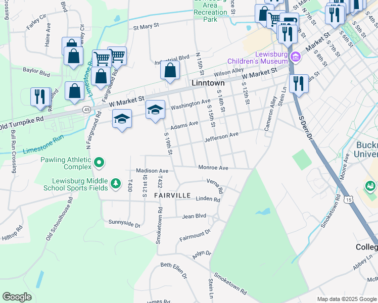 map of restaurants, bars, coffee shops, grocery stores, and more near 303 South 17th Street in Lewisburg