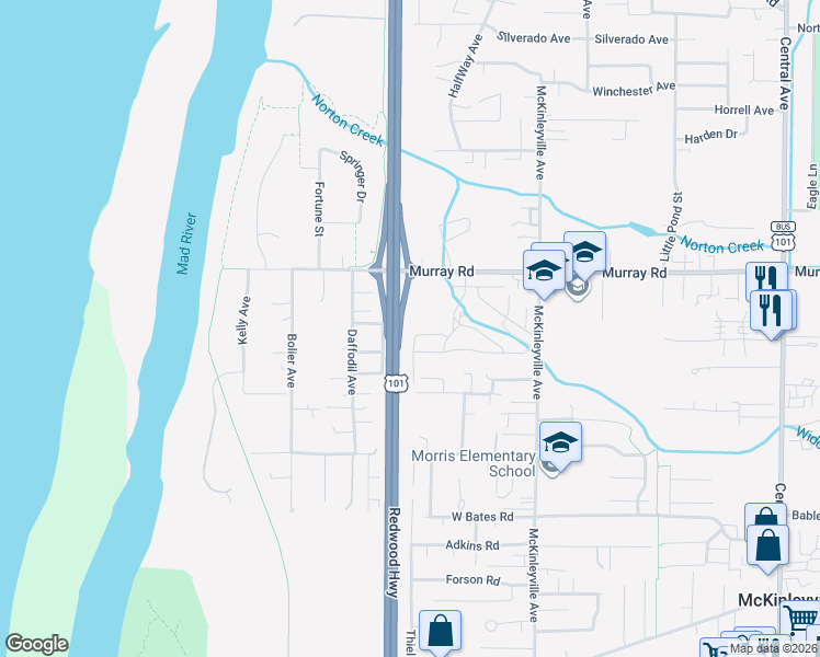 map of restaurants, bars, coffee shops, grocery stores, and more near Redwood Hwy in Humboldt