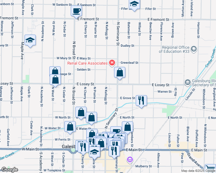 map of restaurants, bars, coffee shops, grocery stores, and more near 575 North Kellogg Street in Galesburg