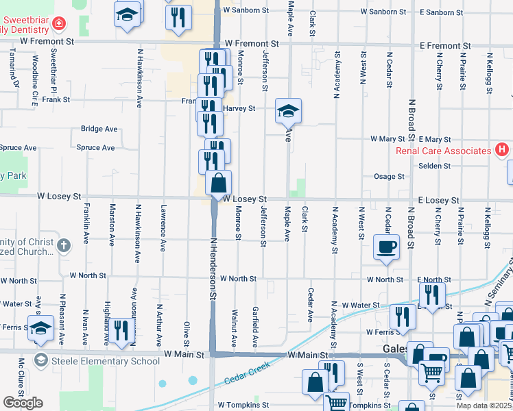 map of restaurants, bars, coffee shops, grocery stores, and more near 656 West Losey Street in Galesburg