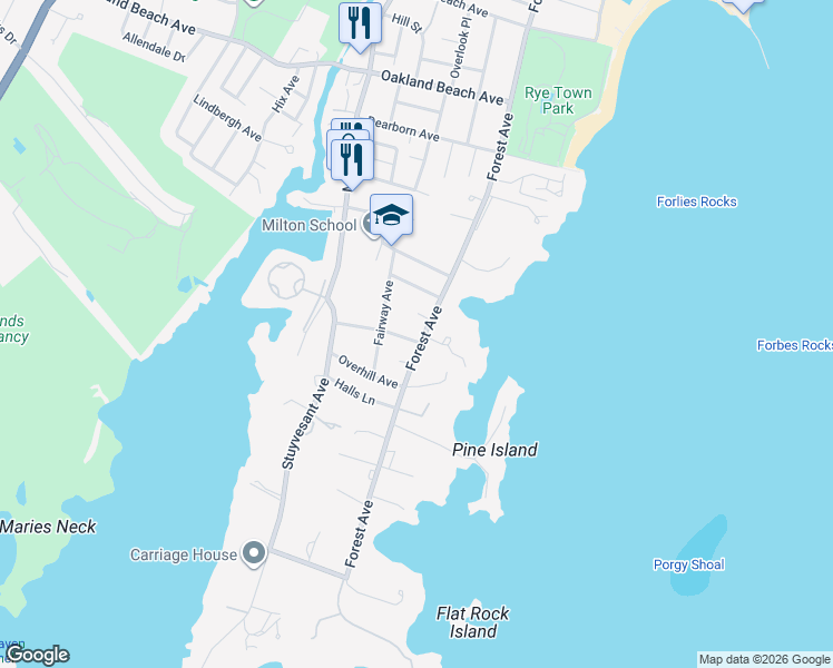 map of restaurants, bars, coffee shops, grocery stores, and more near 806 Forest Avenue in Rye