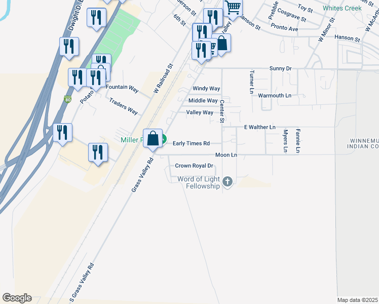 map of restaurants, bars, coffee shops, grocery stores, and more near 3375 Moon Lane in Winnemucca