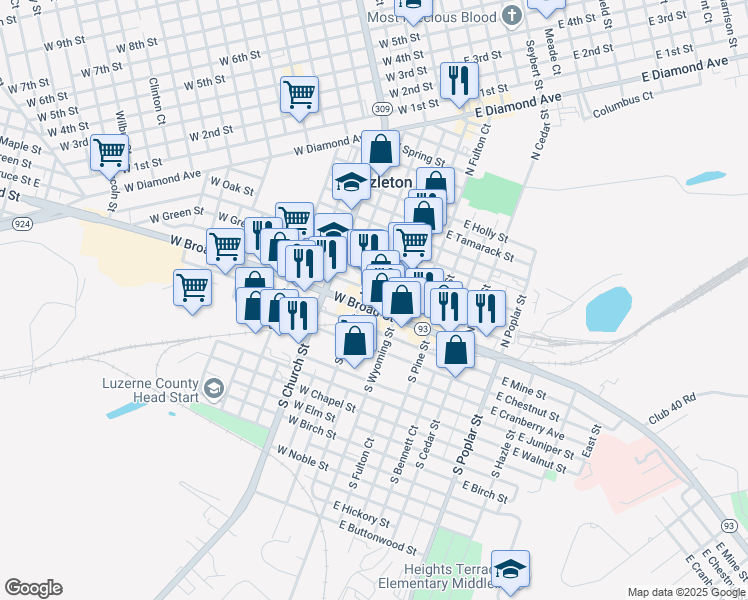 map of restaurants, bars, coffee shops, grocery stores, and more near 25-35 North Laurel Street in Hazleton