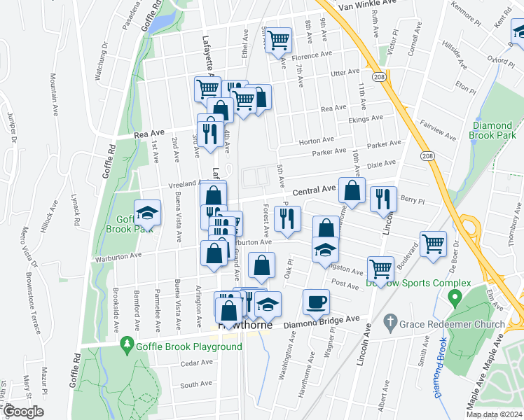 map of restaurants, bars, coffee shops, grocery stores, and more near 156 Forest Avenue in Hawthorne