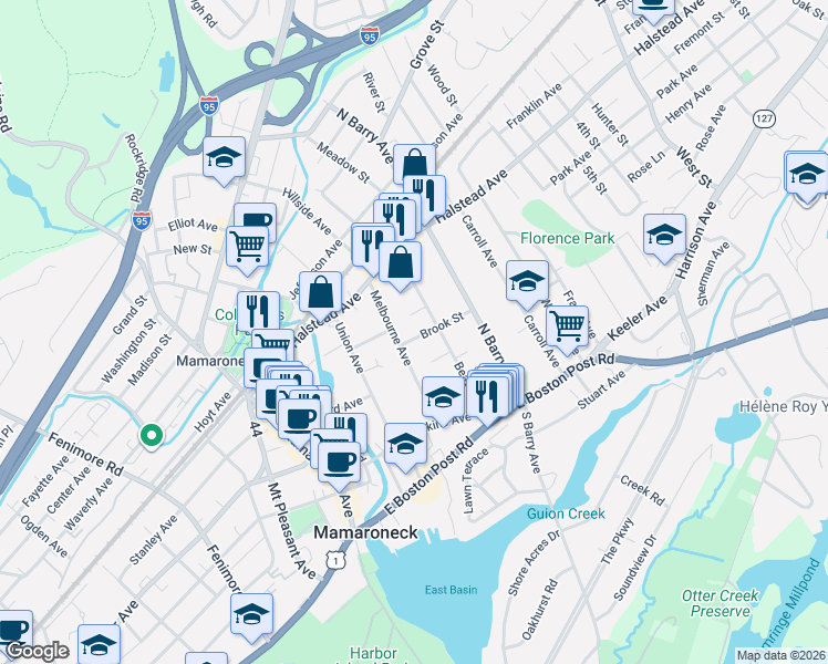 map of restaurants, bars, coffee shops, grocery stores, and more near 407 Melbourne Avenue in Mamaroneck