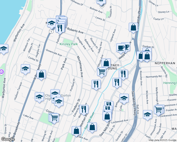 map of restaurants, bars, coffee shops, grocery stores, and more near 180 Greenvale Avenue in Yonkers
