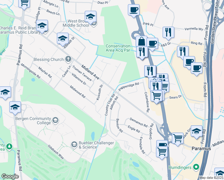 map of restaurants, bars, coffee shops, grocery stores, and more near 106 West Midland Avenue in Paramus