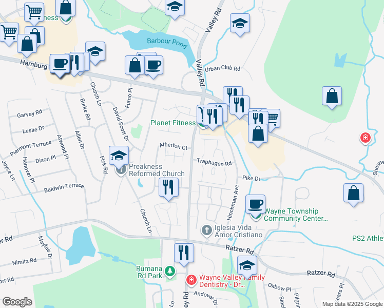 map of restaurants, bars, coffee shops, grocery stores, and more near 1282 Valley Road in Wayne