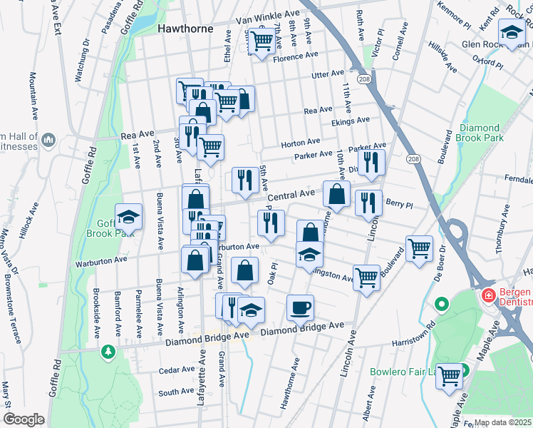 map of restaurants, bars, coffee shops, grocery stores, and more near 46 Park Avenue in Hawthorne