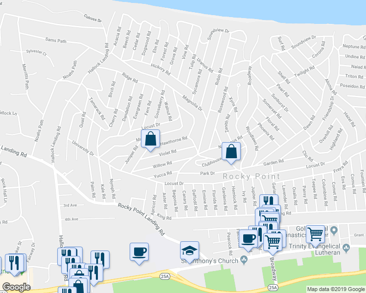 map of restaurants, bars, coffee shops, grocery stores, and more near 51 Violet Road in Rocky Point