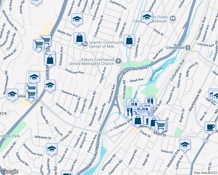 map of restaurants, bars, coffee shops, grocery stores, and more near 144 Colonial Parkway in Yonkers