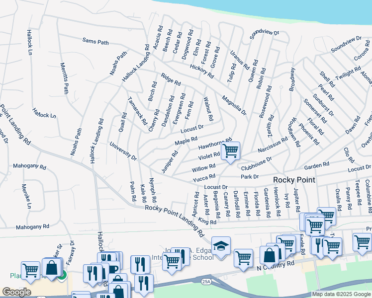 map of restaurants, bars, coffee shops, grocery stores, and more near 9 Hawthorne Road in Rocky Point