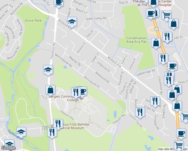 map of restaurants, bars, coffee shops, grocery stores, and more near 192 Midwood Road in Paramus