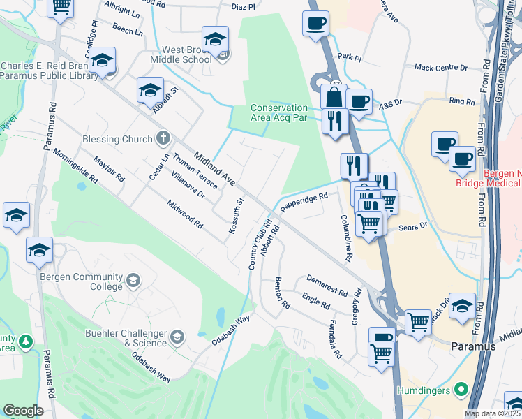 map of restaurants, bars, coffee shops, grocery stores, and more near 106 West Midland Avenue in Paramus