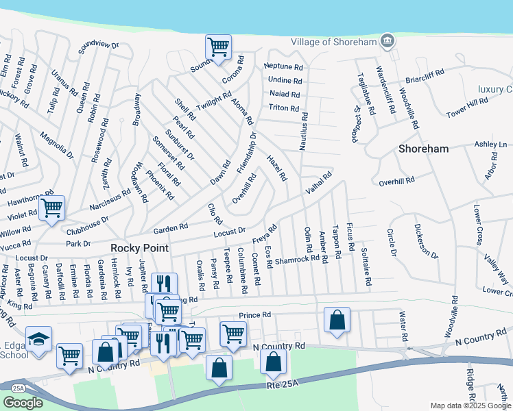 map of restaurants, bars, coffee shops, grocery stores, and more near 25 Highland Road in Rocky Point