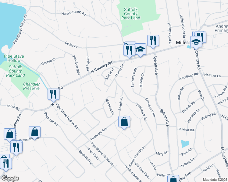map of restaurants, bars, coffee shops, grocery stores, and more near 6 Southwood Drive in Miller Place