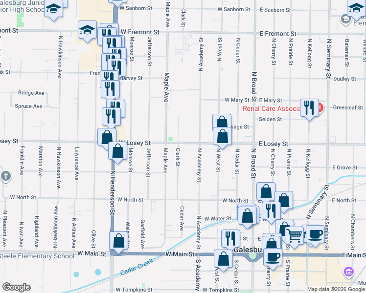 map of restaurants, bars, coffee shops, grocery stores, and more near 368 West Losey Street in Galesburg