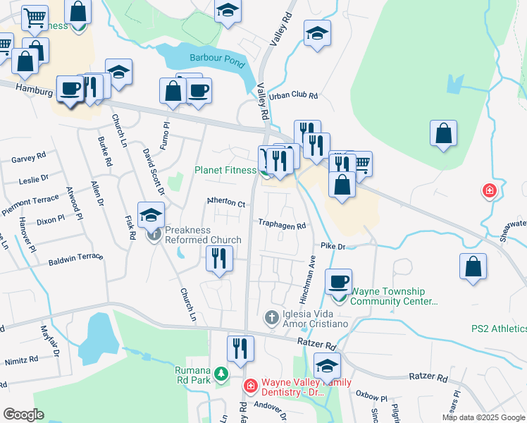 map of restaurants, bars, coffee shops, grocery stores, and more near 1282 Valley Road in Wayne