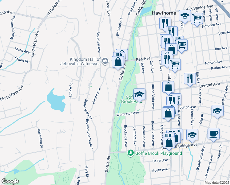map of restaurants, bars, coffee shops, grocery stores, and more near 610 Goffle Road in Hawthorne