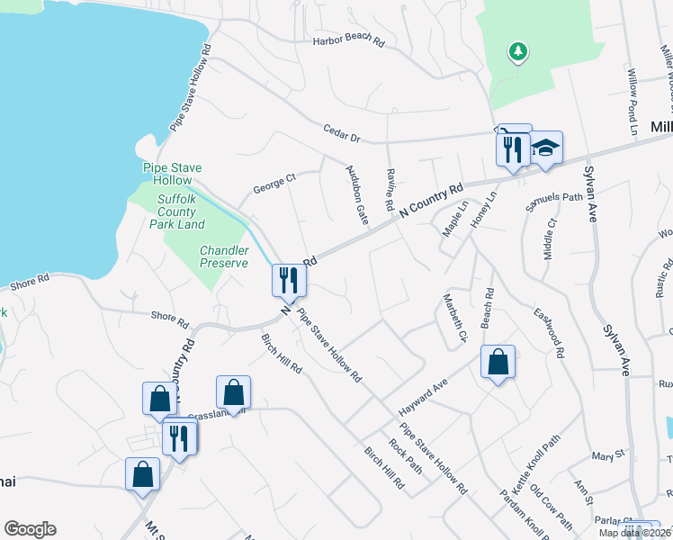 map of restaurants, bars, coffee shops, grocery stores, and more near 11 Knoll Crest in Miller Place