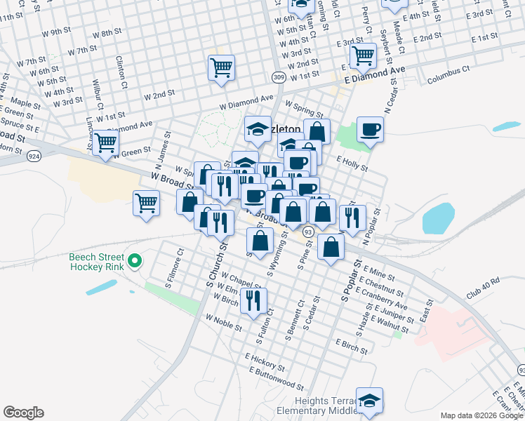 map of restaurants, bars, coffee shops, grocery stores, and more near 25-35 North Laurel Street in Hazleton