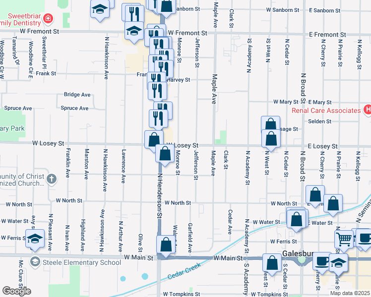 map of restaurants, bars, coffee shops, grocery stores, and more near 656 West Losey Street in Galesburg