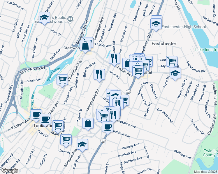 map of restaurants, bars, coffee shops, grocery stores, and more near 36 Morgan Street in Eastchester
