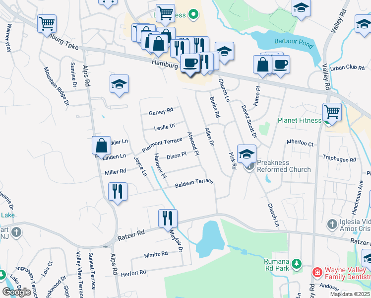 map of restaurants, bars, coffee shops, grocery stores, and more near 27 Dixon Pl in Wayne