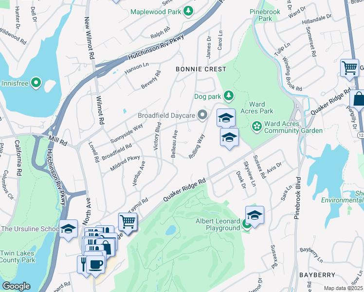 map of restaurants, bars, coffee shops, grocery stores, and more near 27 Belleau Avenue in New Rochelle
