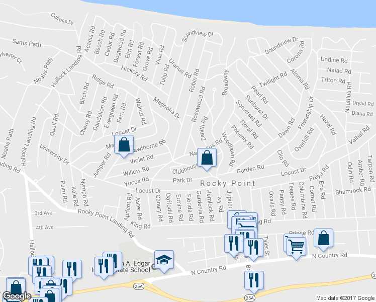 map of restaurants, bars, coffee shops, grocery stores, and more near 15 Narcissus Road in Rocky Point
