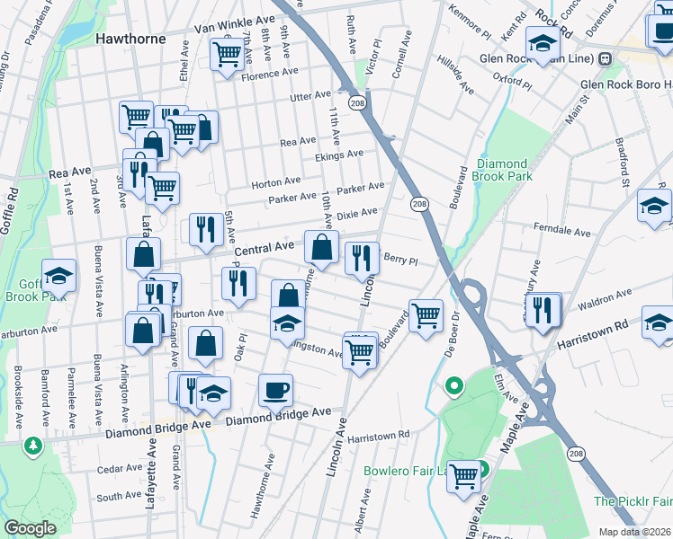 map of restaurants, bars, coffee shops, grocery stores, and more near 87 Minerva Avenue in Hawthorne