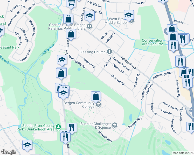 map of restaurants, bars, coffee shops, grocery stores, and more near 3 Cedar Lane in Paramus