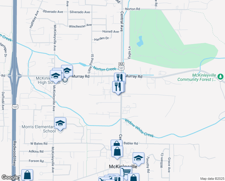 map of restaurants, bars, coffee shops, grocery stores, and more near 1511 Reasor Road in McKinleyville