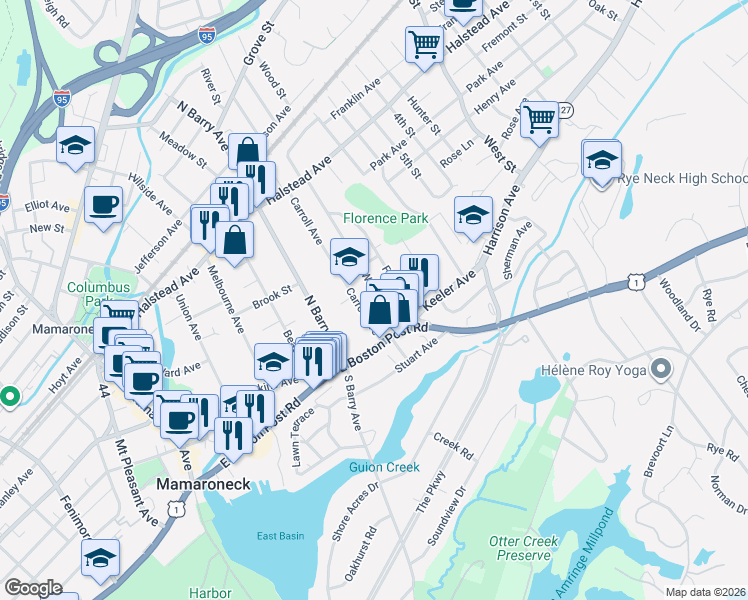 map of restaurants, bars, coffee shops, grocery stores, and more near 130 Wagner Avenue in Mamaroneck