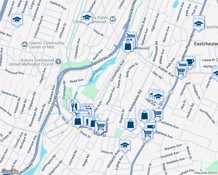 map of restaurants, bars, coffee shops, grocery stores, and more near 140 Columbus Avenue in Tuckahoe