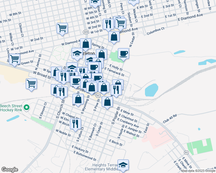 map of restaurants, bars, coffee shops, grocery stores, and more near 37 North Pine Street in Hazleton