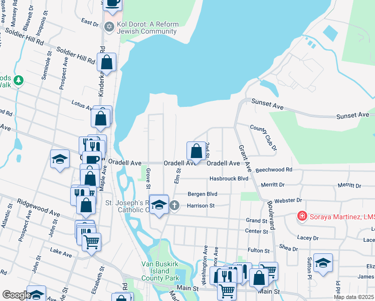 map of restaurants, bars, coffee shops, grocery stores, and more near 421 1st Street in Oradell