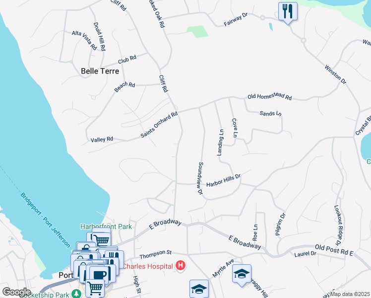 map of restaurants, bars, coffee shops, grocery stores, and more near 39 Cliff Road in Port Jefferson