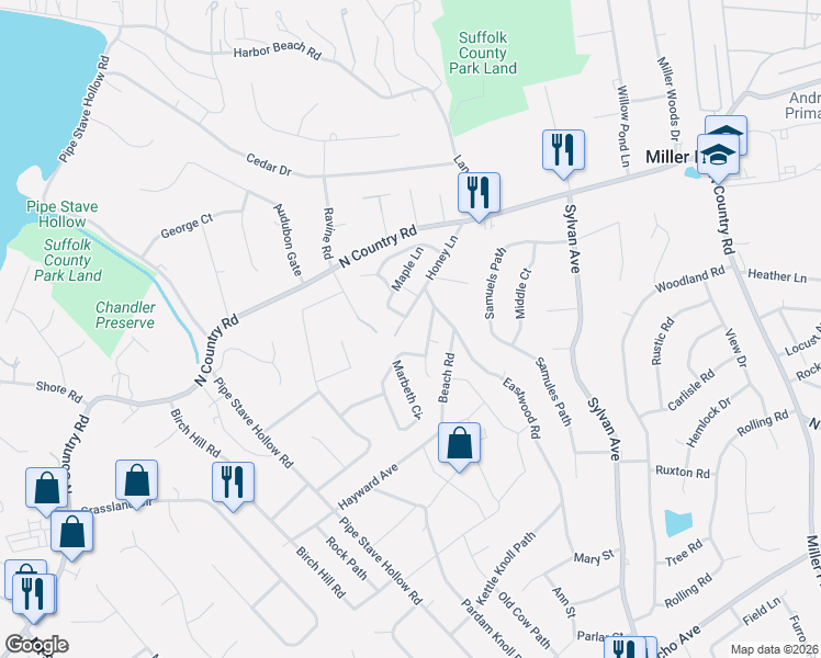 map of restaurants, bars, coffee shops, grocery stores, and more near 6 Southwood Drive in Miller Place