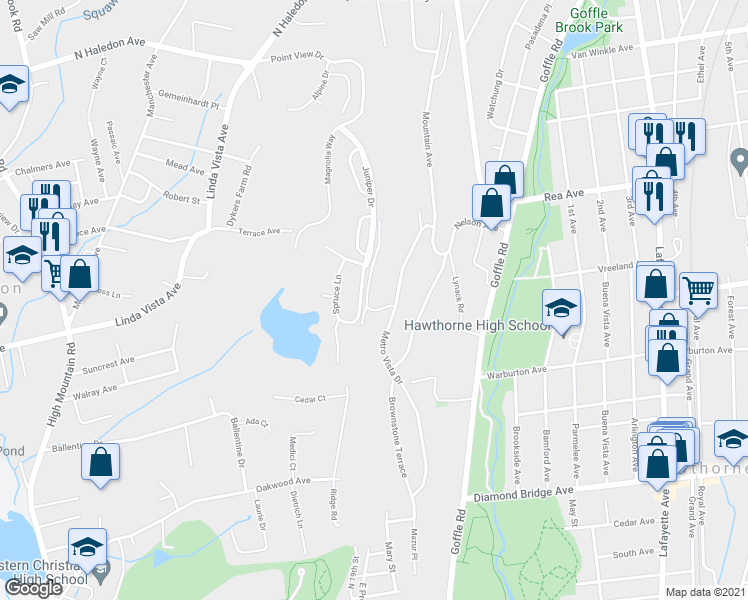 map of restaurants, bars, coffee shops, grocery stores, and more near 4 Alana Drive in Hawthorne