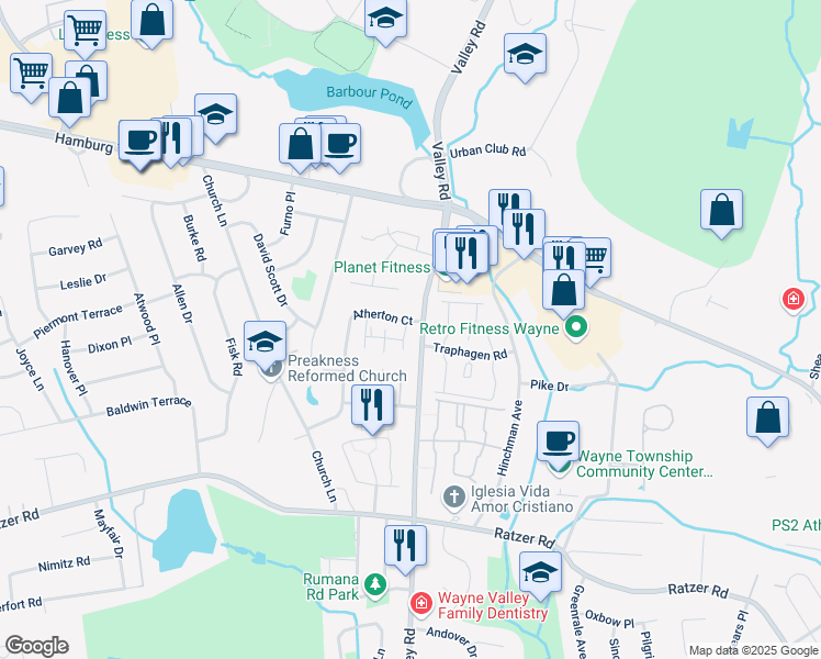 map of restaurants, bars, coffee shops, grocery stores, and more near 19B Atherton Court in Wayne