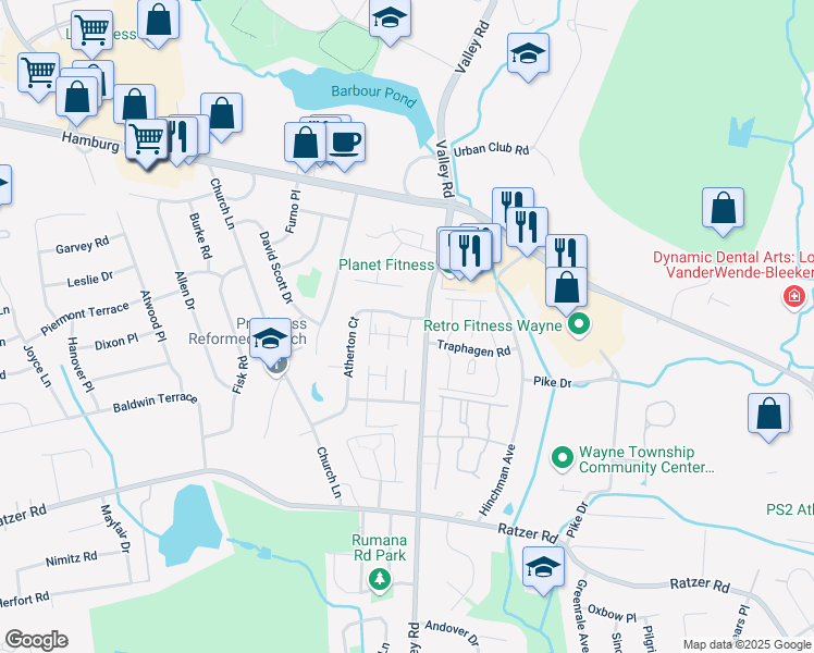 map of restaurants, bars, coffee shops, grocery stores, and more near 15B Atherton Court in Wayne
